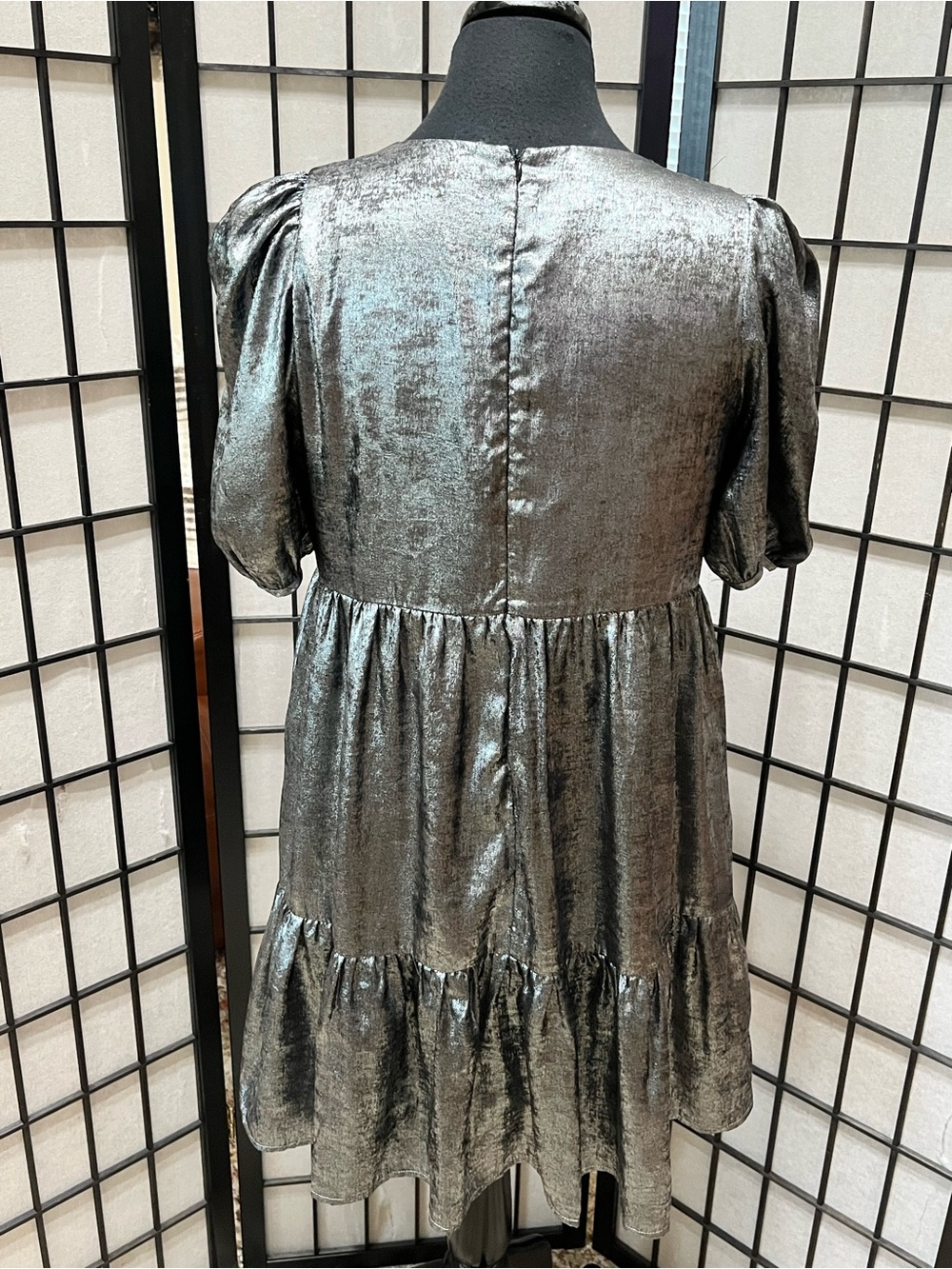 TCEC Metallic Silver Puff-Sleeve Tiered Dress women SIZE M - Picture 7 of 13